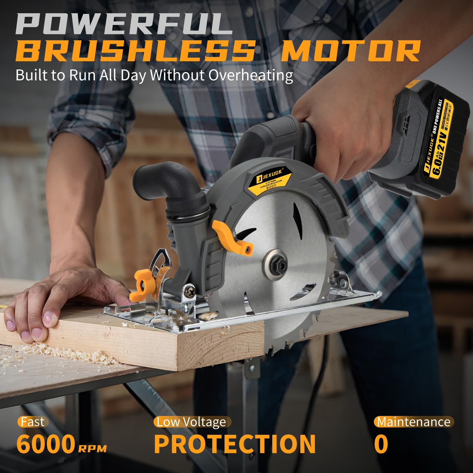 JEXUGK saw demonstrates bevel adjustment from 0 to 45 degrees.