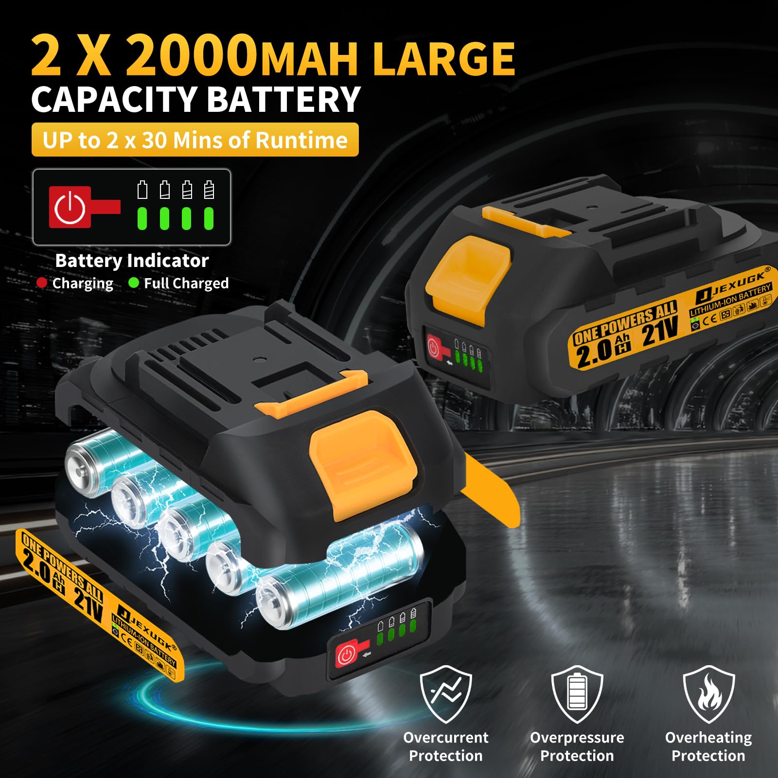 JEXUGK dual 2.0Ah batteries enable longer work sessions