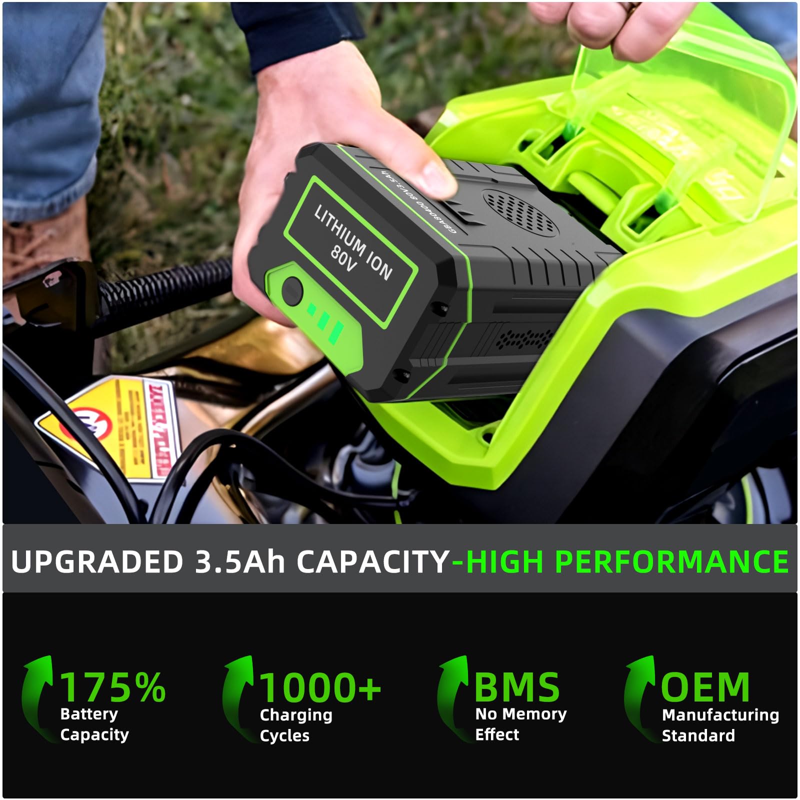 JGTM 3.5Ah battery side view highlights compact design and easy tool compatibility