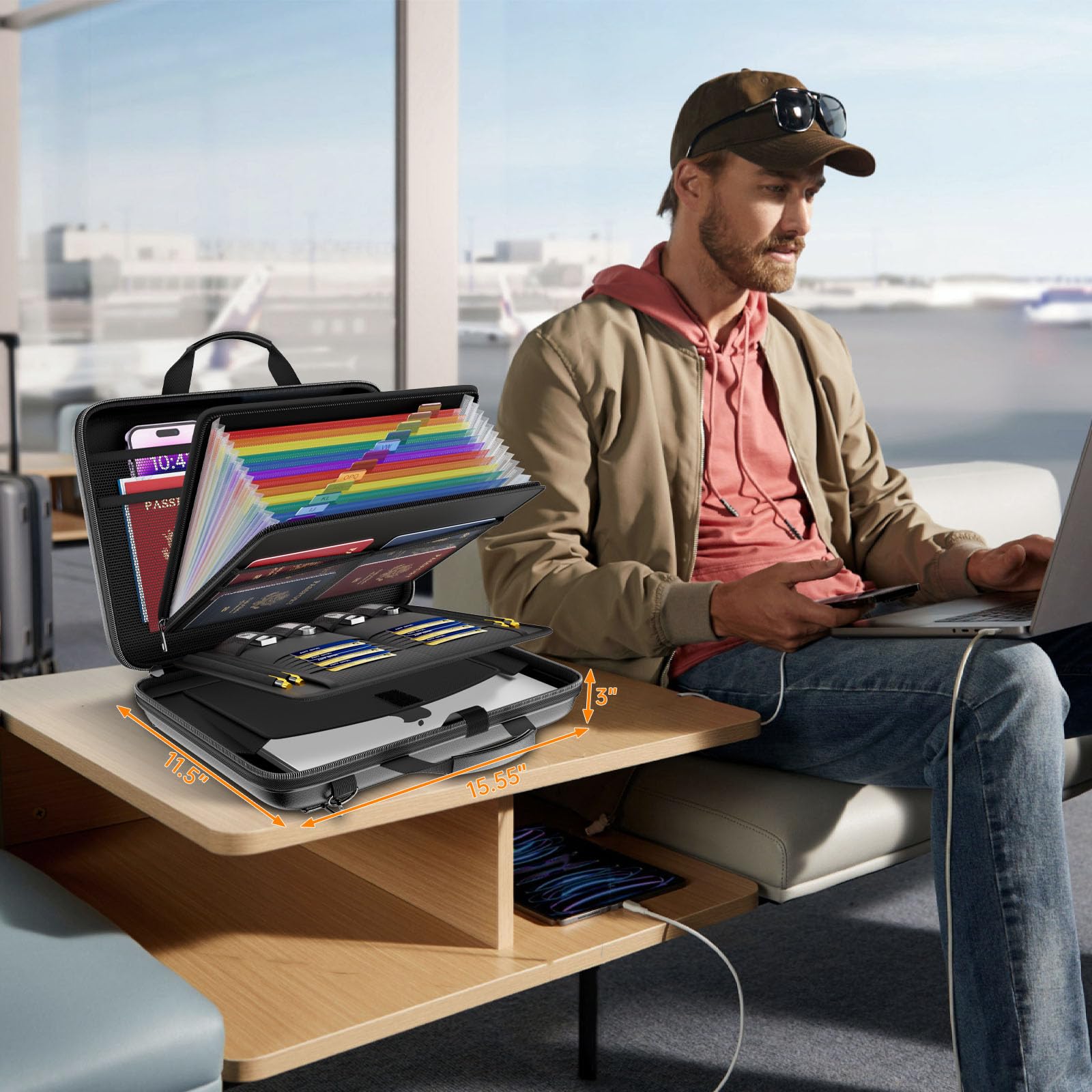 JHSafer fireproof case beside a laptop demonstrating large capacity.