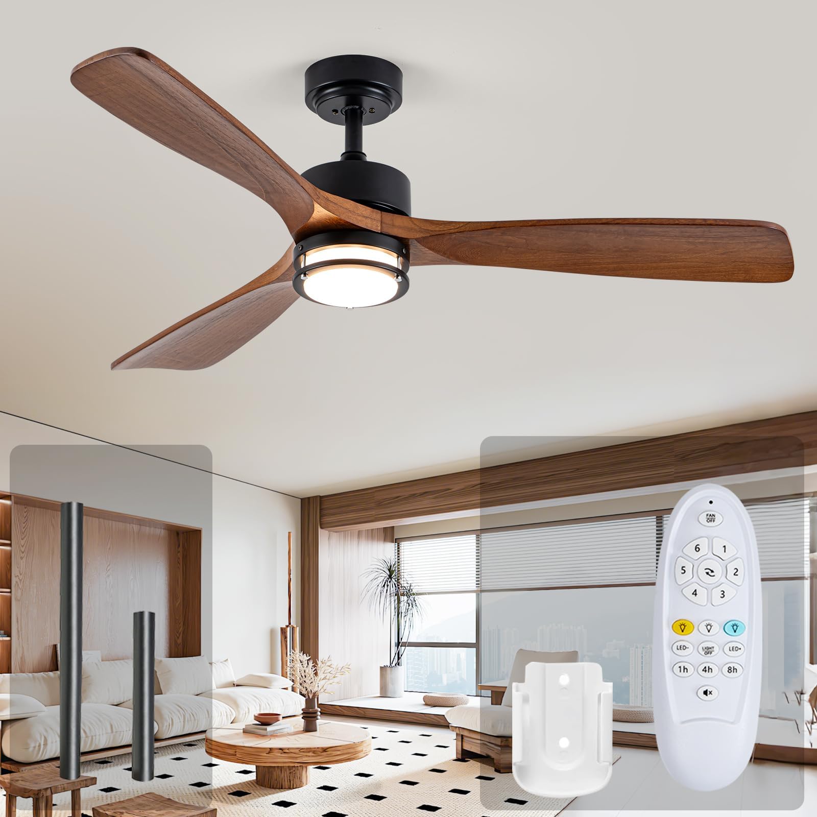 JHSYCH 52-inch outdoor ceiling fan with walnut blades for enhanced air circulation.