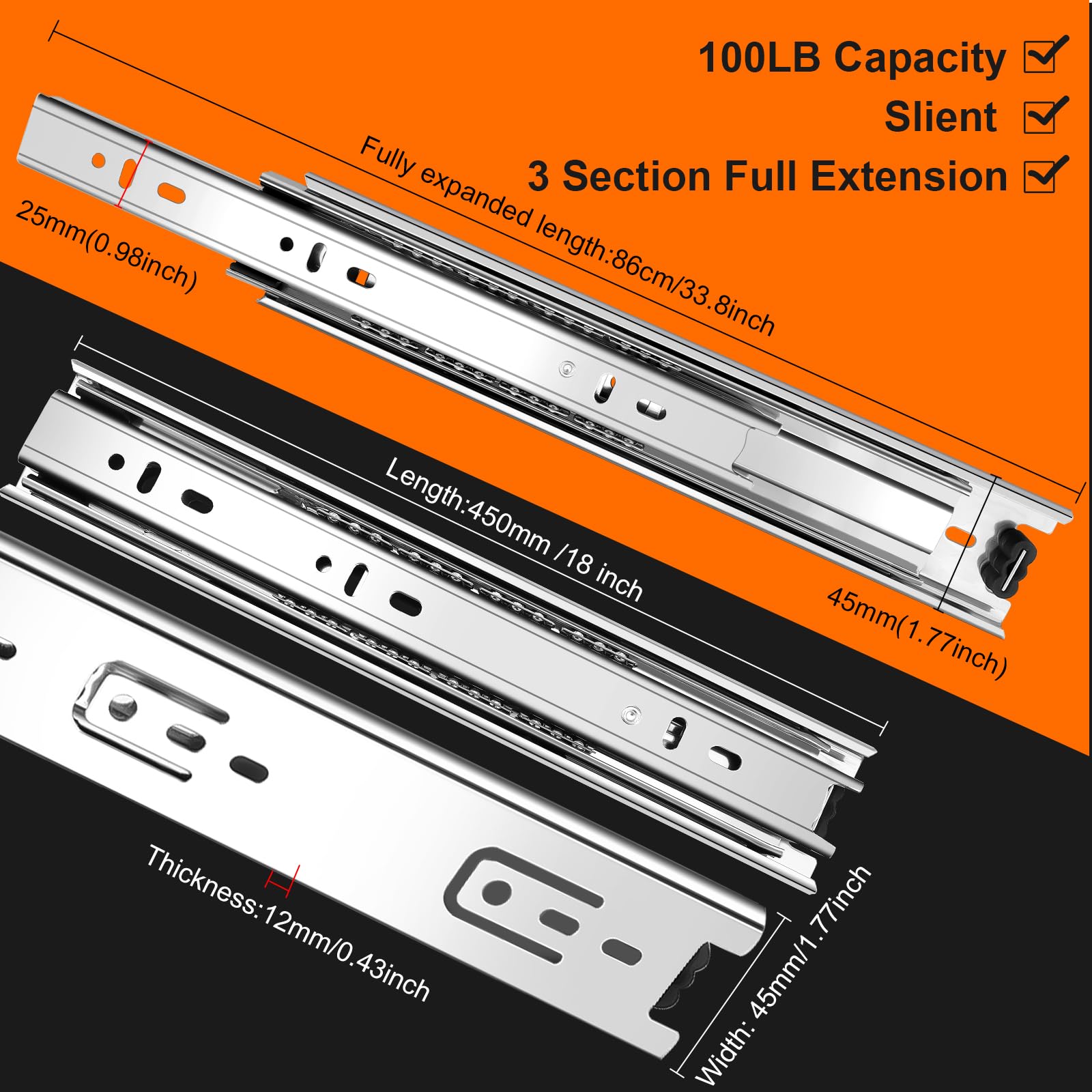 Ji2oo-Yi 18 inch drawer slide full-extension view for easy reach.