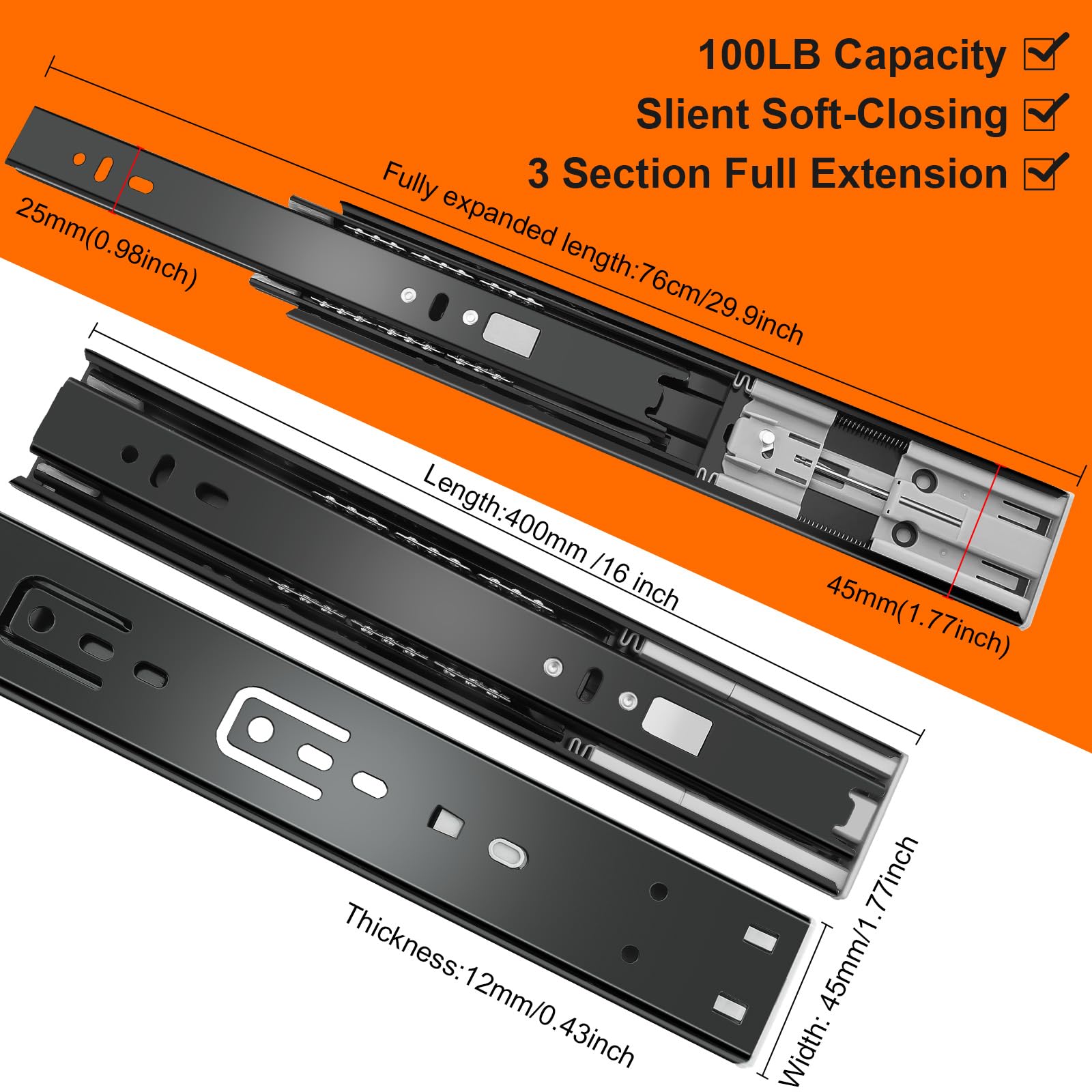 JI2OOYI 16-inch soft-close drawer slide side-mount installation demonstrates easy cabinet integration.