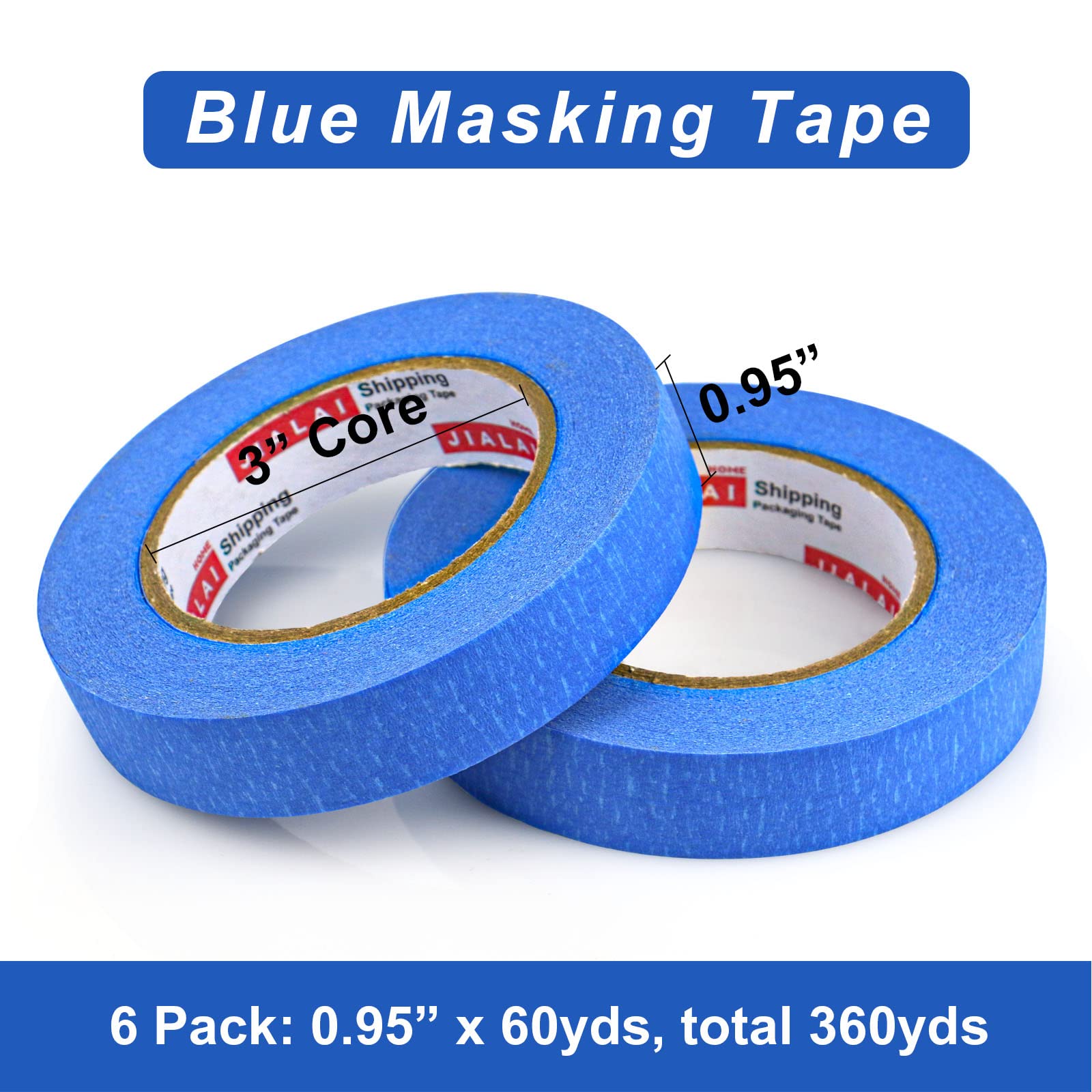 JIALAI HOME blue masking tape on walls, cabinets, and glass surfaces.