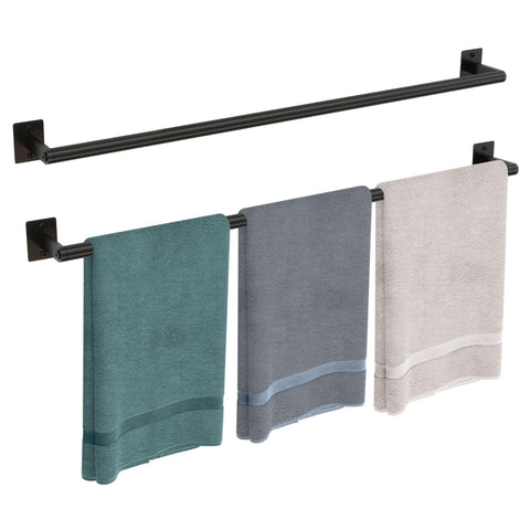 JIAPAIDUO 32-inch matte black towel bar on wall for organized bathroom spaces.