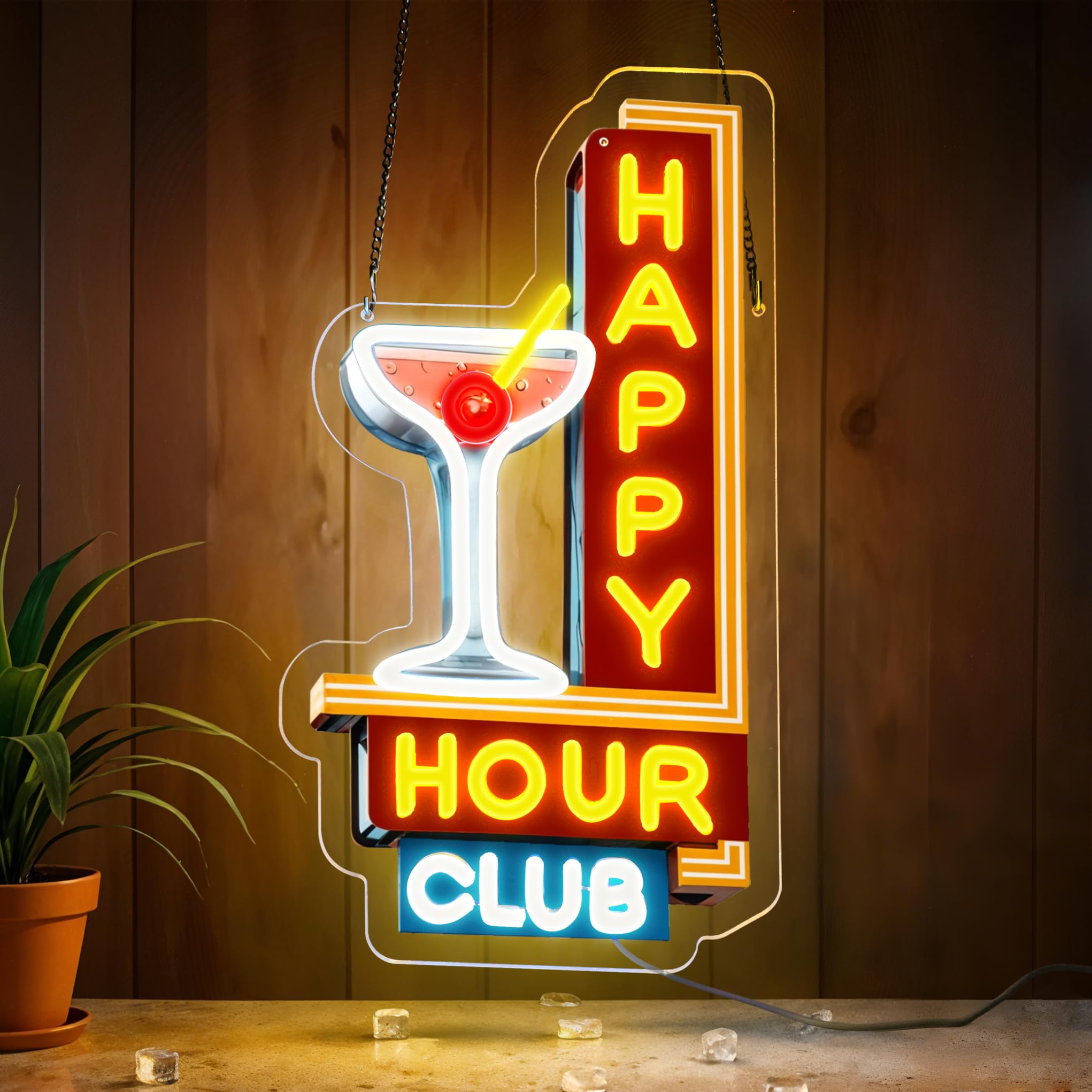 JIARODEY Happy Hour neon sign on wall in yellow adds warm ambience for bars