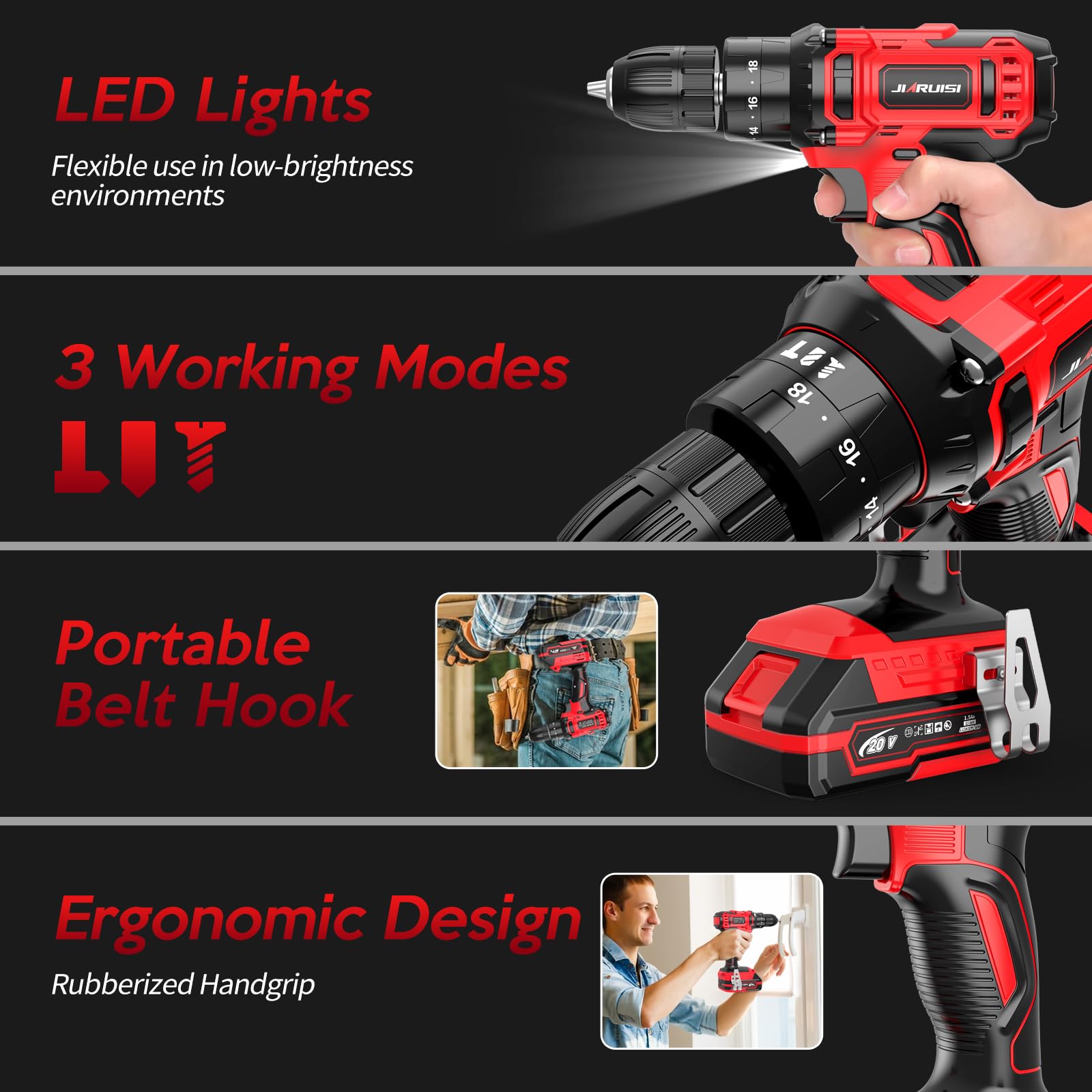 JIARUISI 3/8-inch keyless chuck enables fast bit changes
