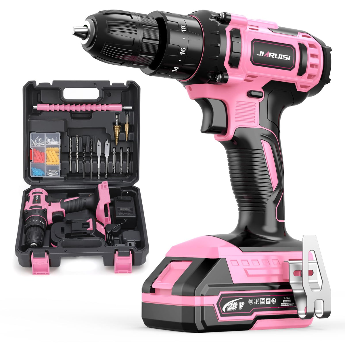 JIARUISI 20V cordless drill in pink ready for quick home projects