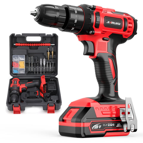 JIARUISI 20V cordless drill in red with battery and charger for quick tasks