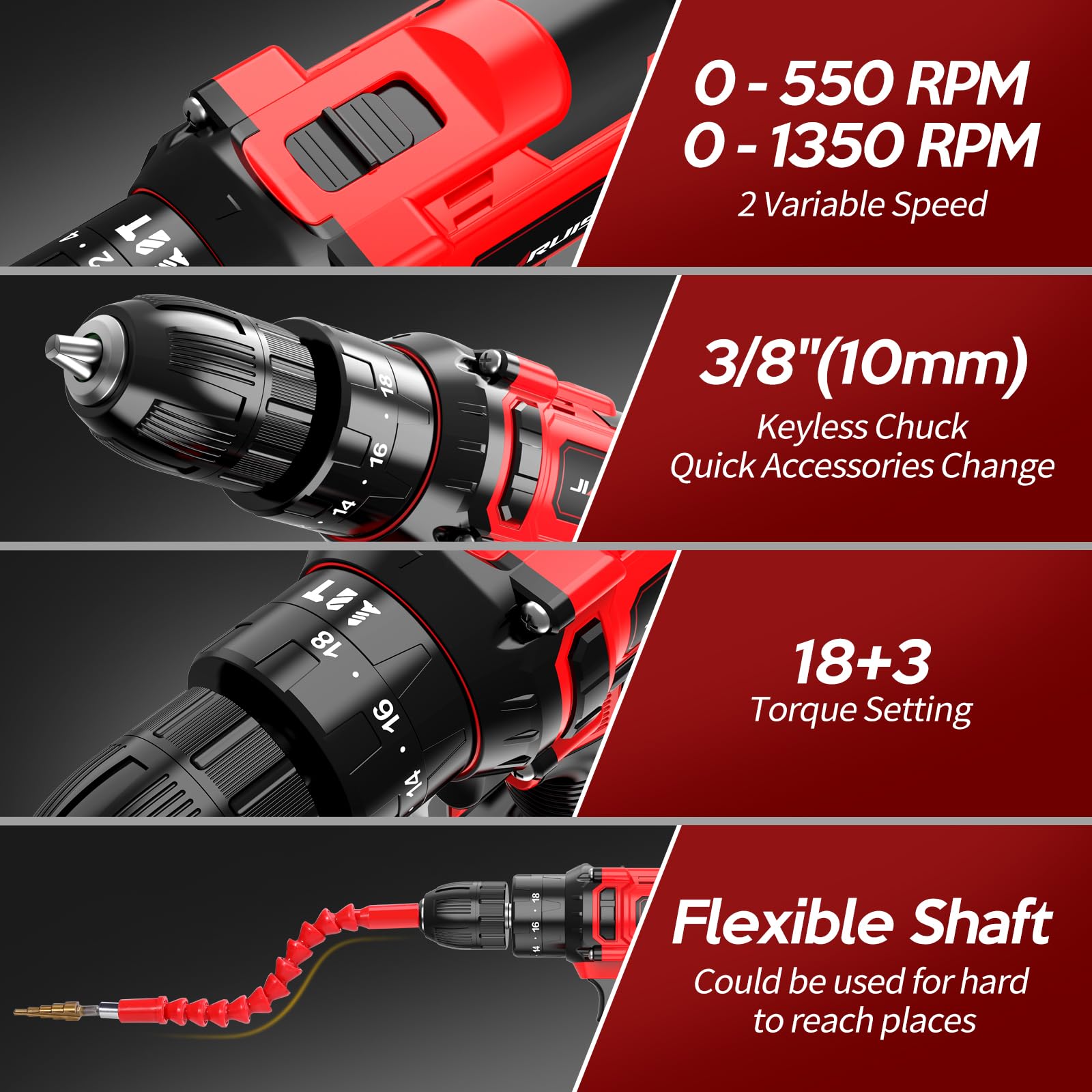 JIARUISI drill showing two-speed settings for drilling and driving