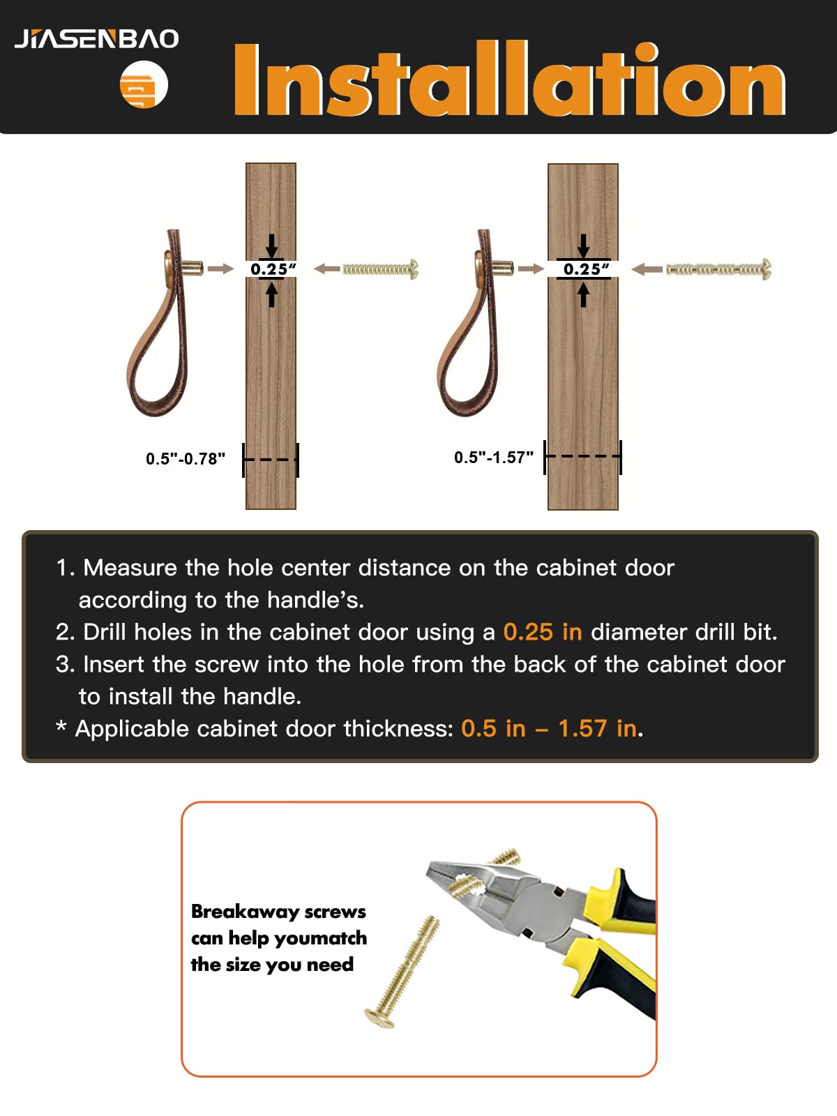 Packaging image showing contents of JIASENBAO brown leather drawer pulls.