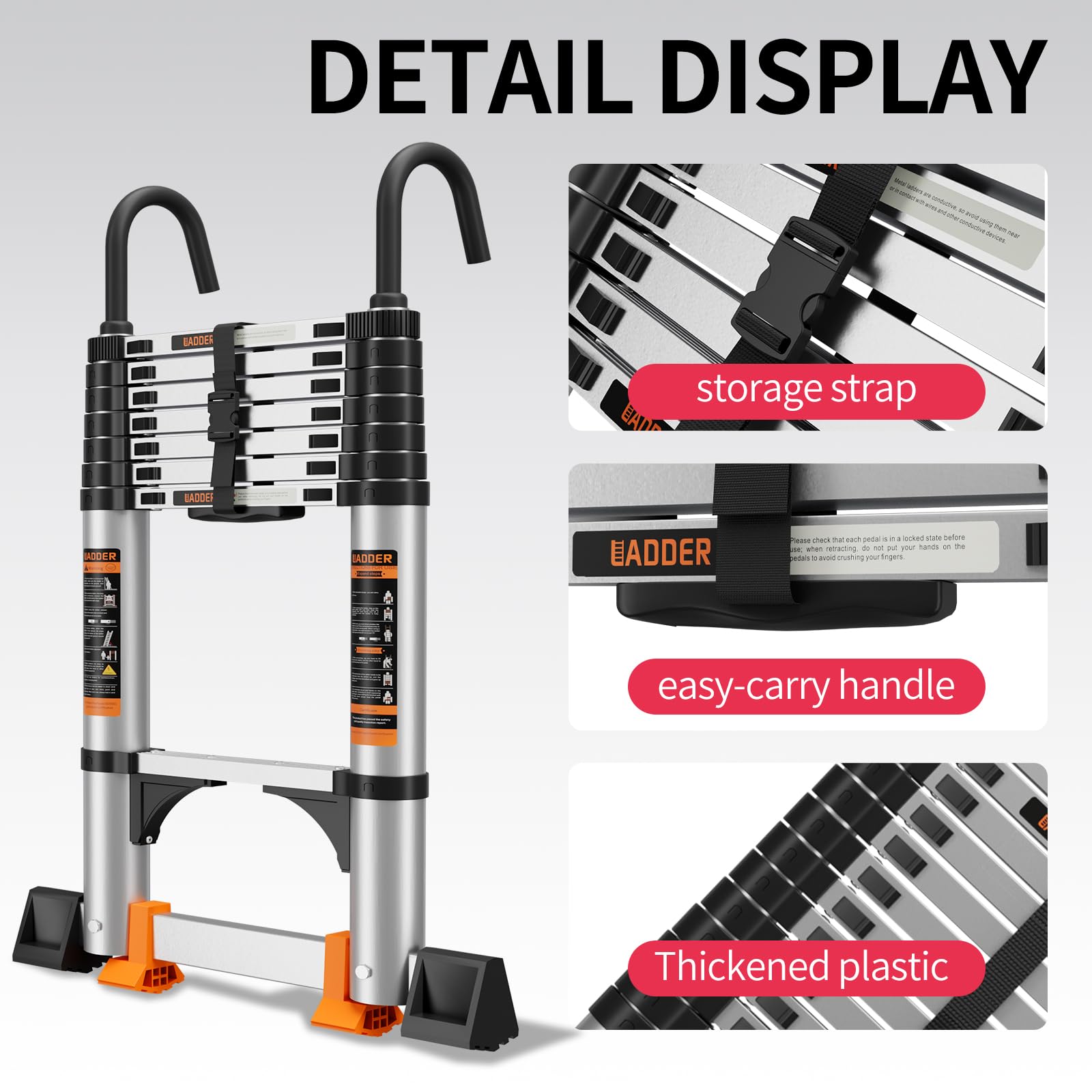 Jiashche ladder shows stabilizers and hooks for added stability on uneven ground.