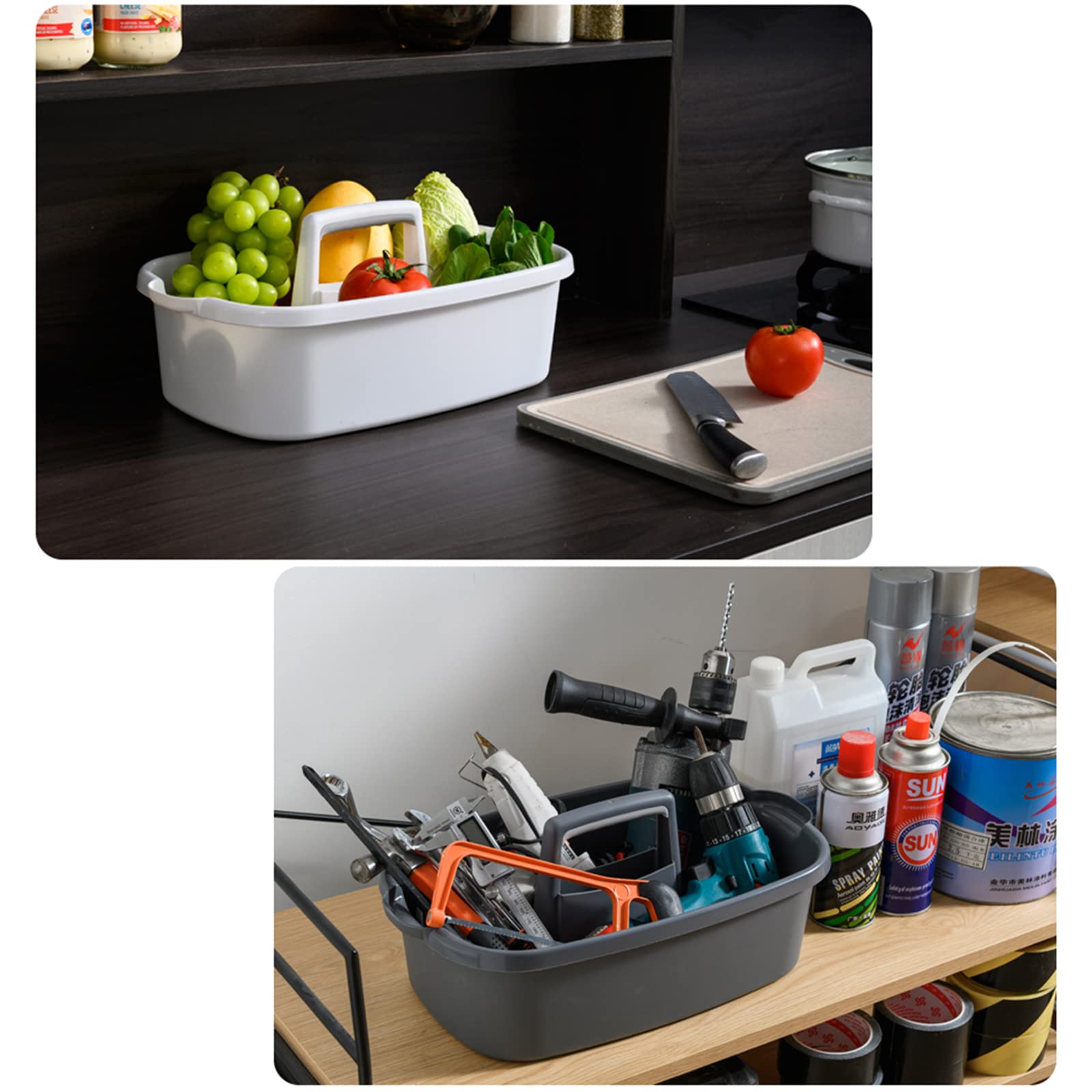 JiatuA cleaning tote with grooved handle simplifies moving supplies.