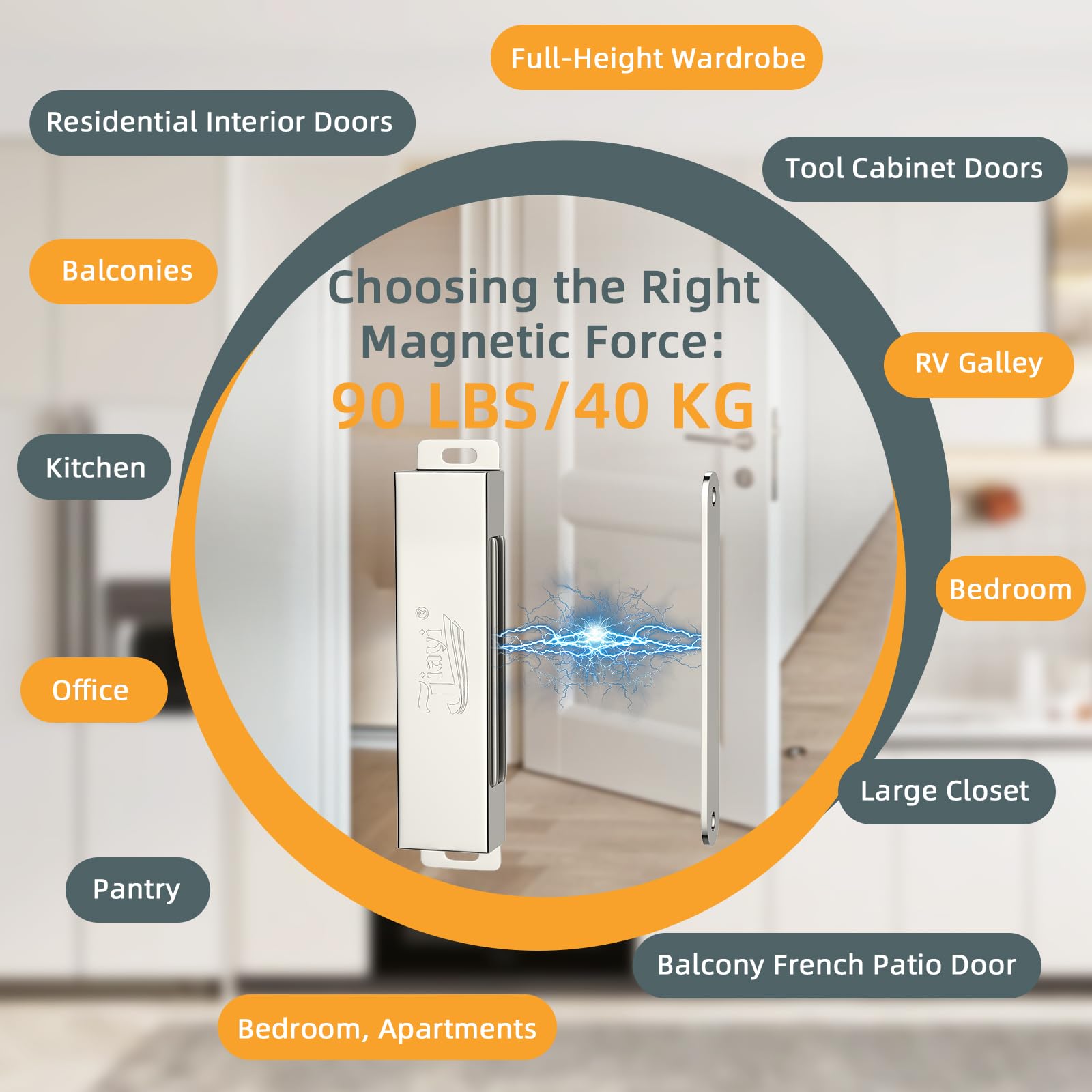 Jiayi magnetic door catch on a kitchen cabinet highlights corrosion-resistant stainless steel.