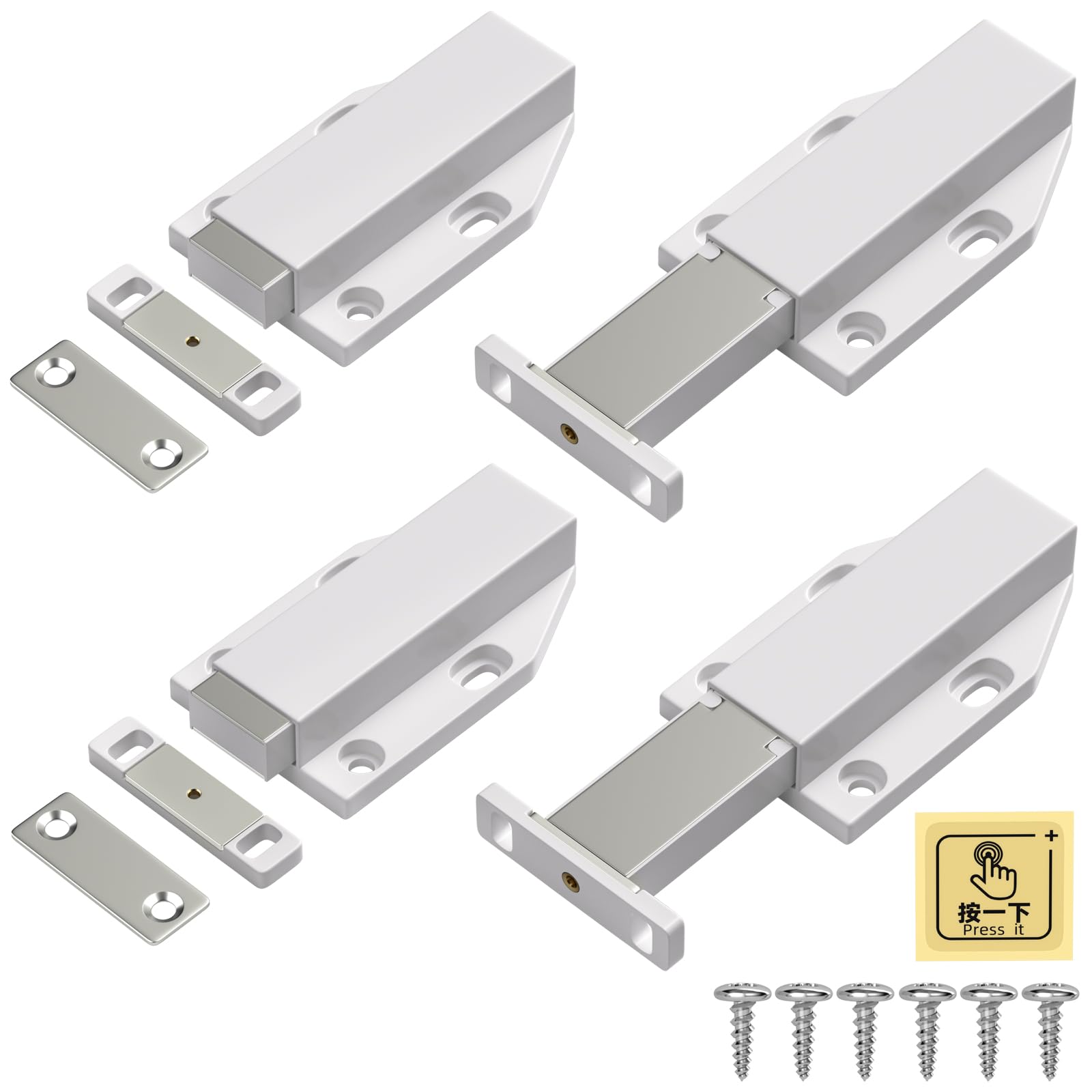 Jiayi Push Release Magnet Latch on white cabinet door for a sleek knobless look