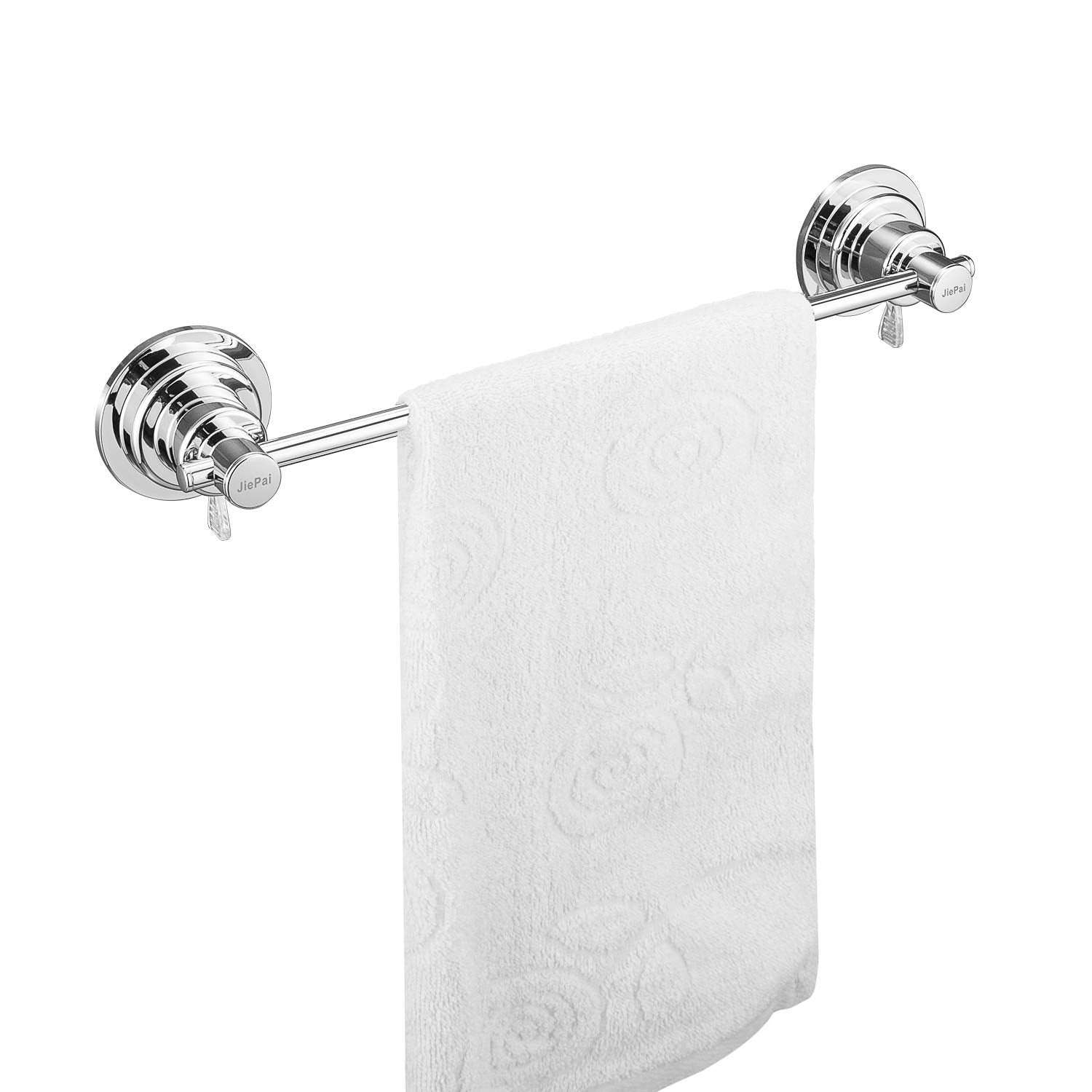 JiePai 16 inch suction cup towel bar mounted on wall for easy towel storage.