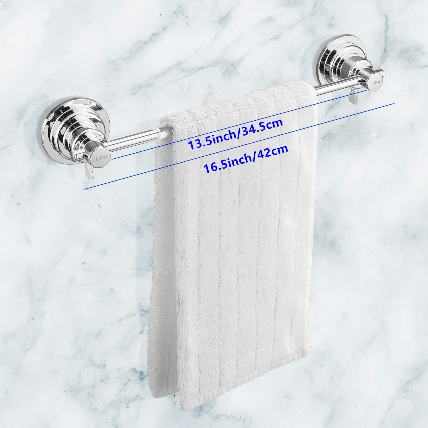 Towel bar holds towels and washcloths without drilling.