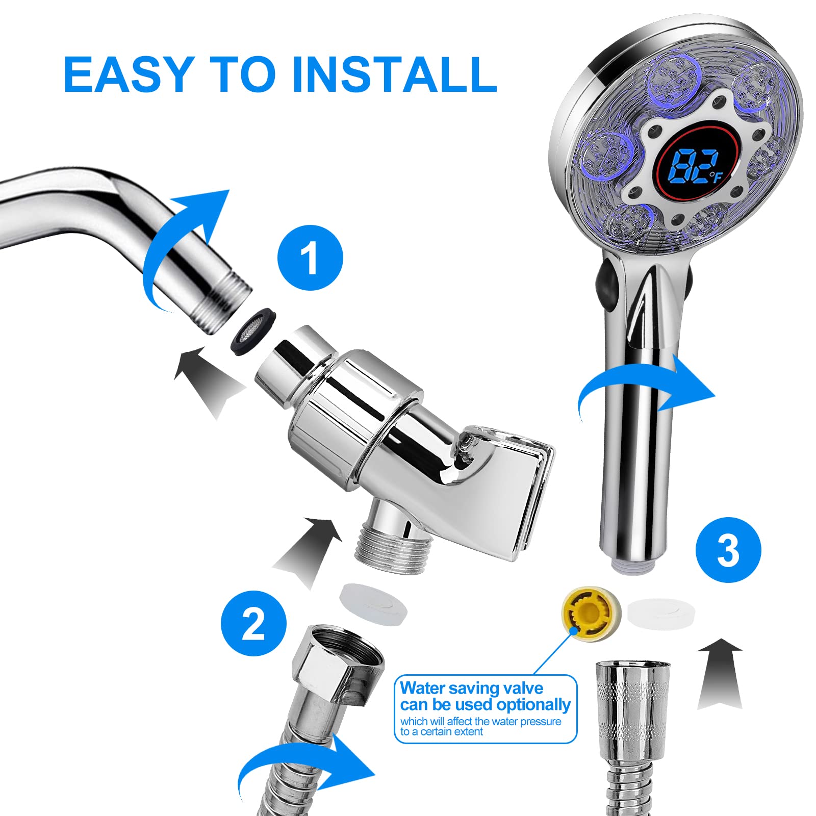 JIEYUMJ shower head kit includes 59-inch hose and bracket for easy installation.