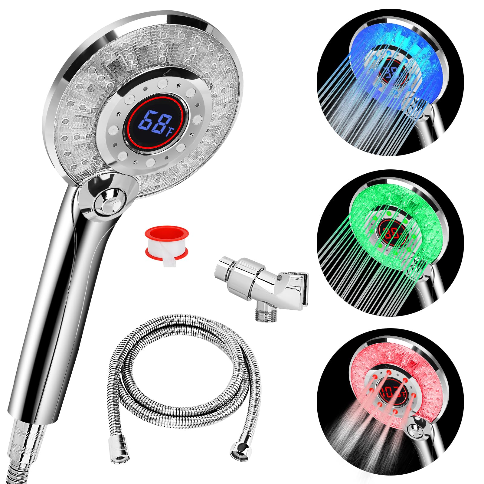 JIEYUMJ LED color-changing shower head enhances ambiance and temperature awareness.