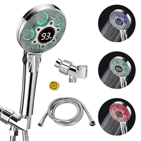 JIEYUMJ LED handheld chrome shower head shows color change for temperature awareness and safety.