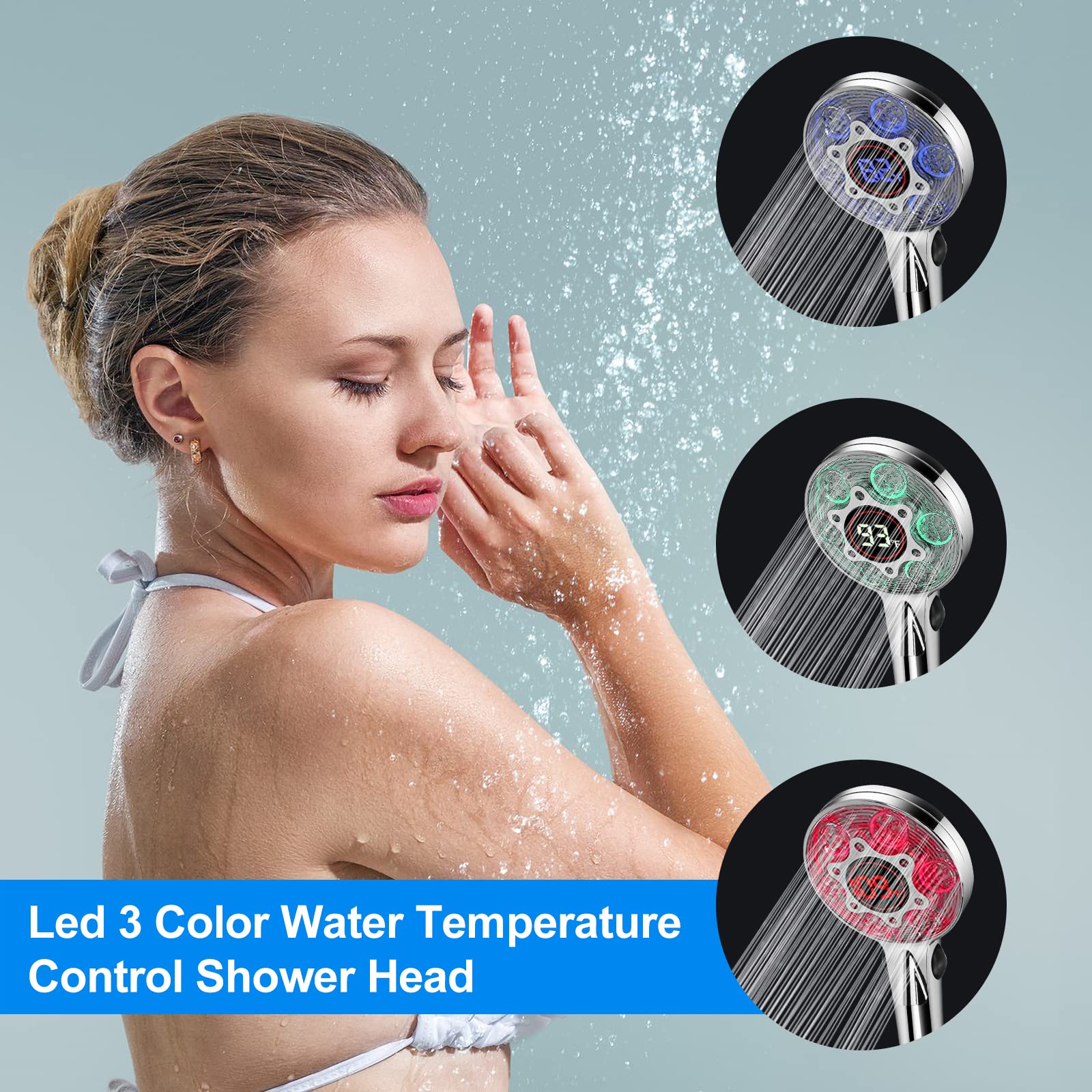 JIEYUMJ LED shower head uses hydro-power from copper motor to power lights without batteries.