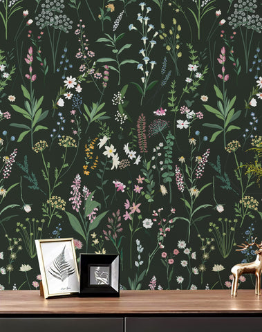 JiffDiff floral wallpaper, dark farm wildwood, elevates rooms for easy DIY refresh.