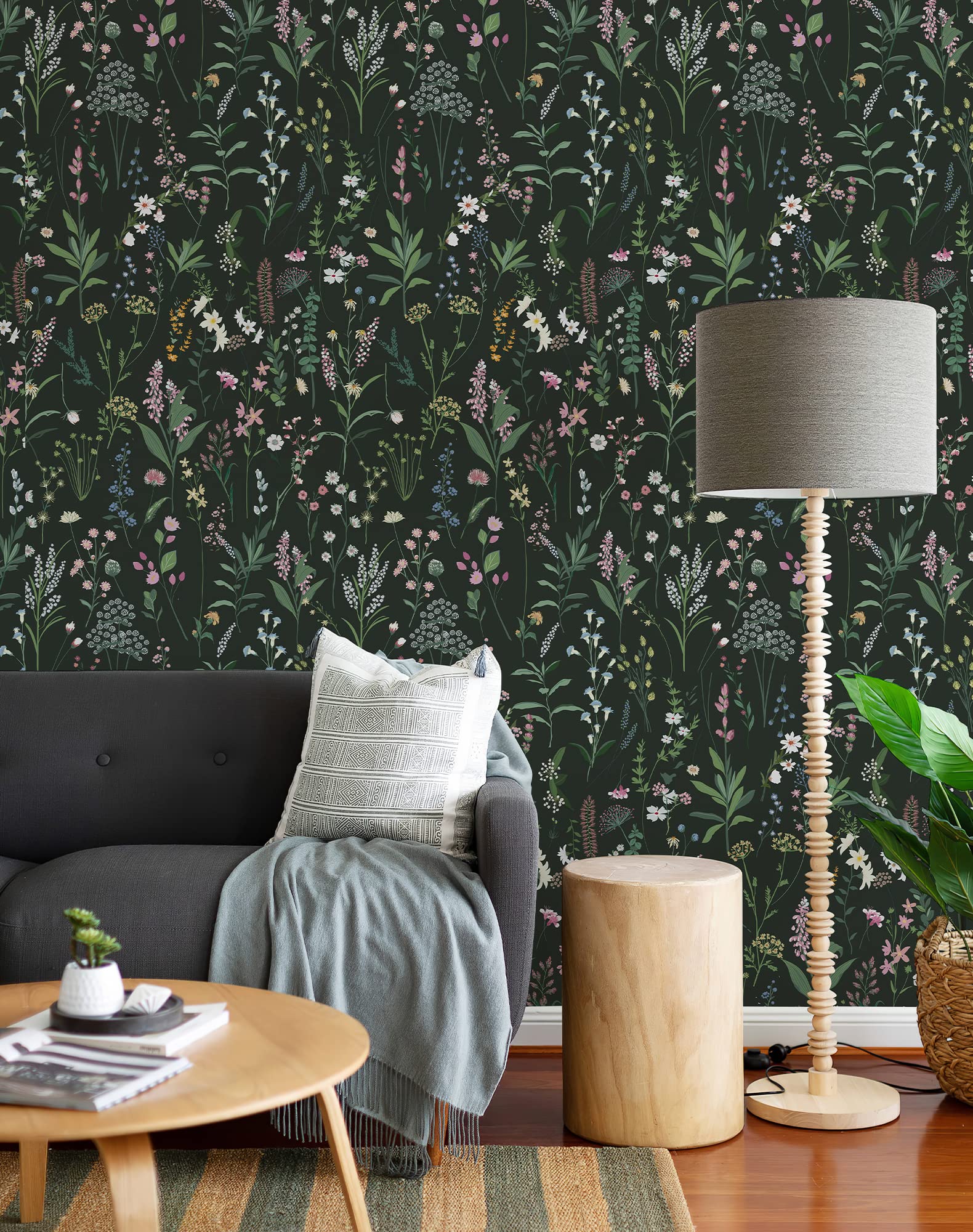 JiffDiff peel-stick wallpaper closeup wildflowers shows easy application and bold pattern.