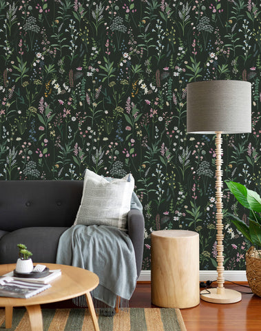 JiffDiff peel-stick wallpaper closeup wildflowers shows easy application and bold pattern.
