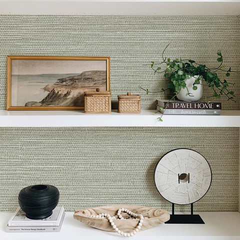JiffDiff stair riser; cream wallpaper adds texture and coastal vibe.