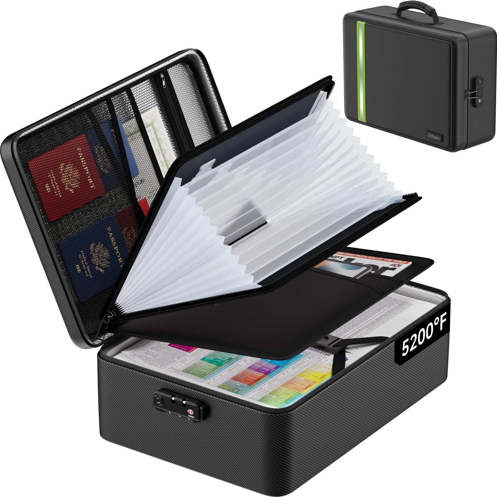 JIHOX fireproof document bag front view with organized sections for easy filing.