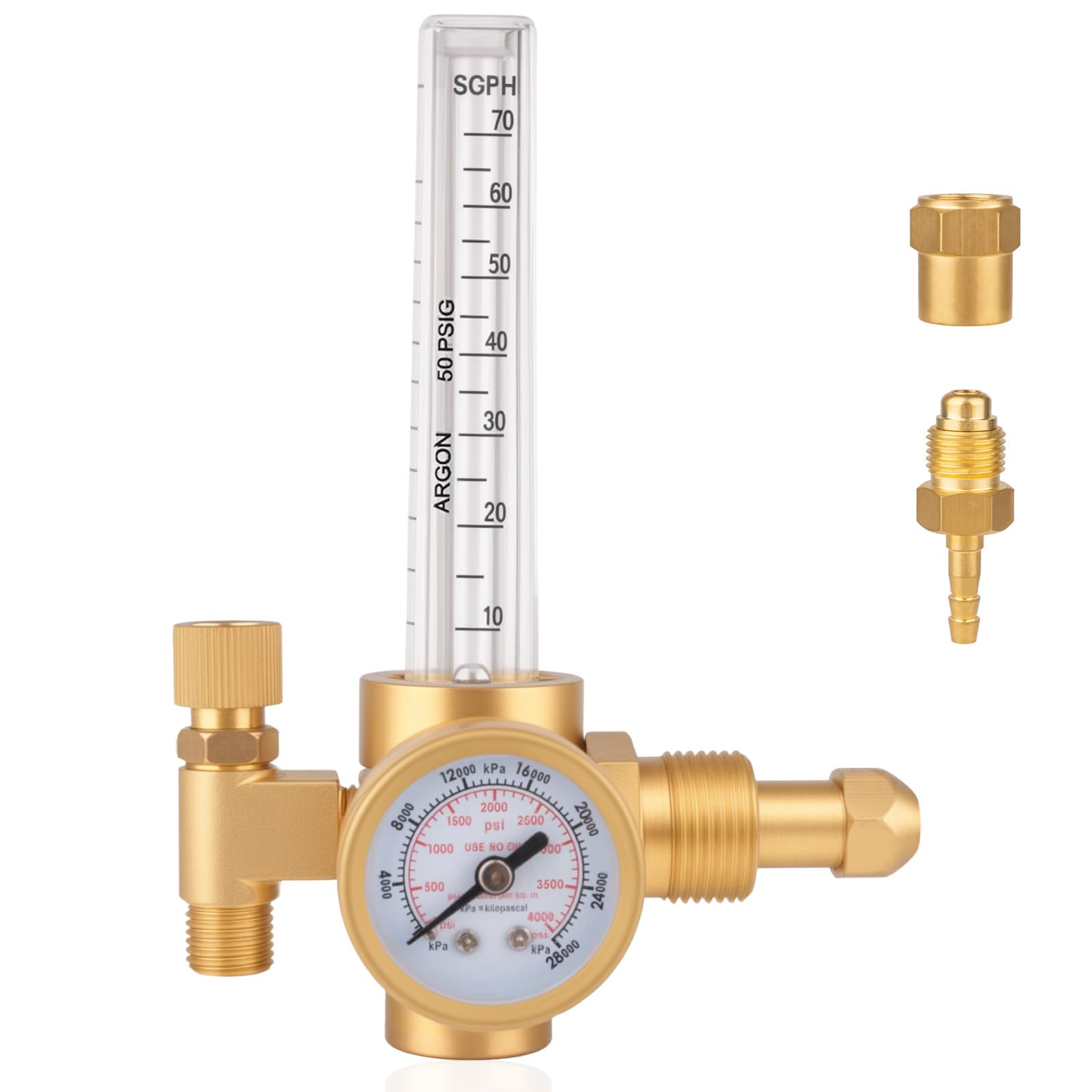 Jiimee argon regulator with CGA-580 inlet on copper body for TIG welding.