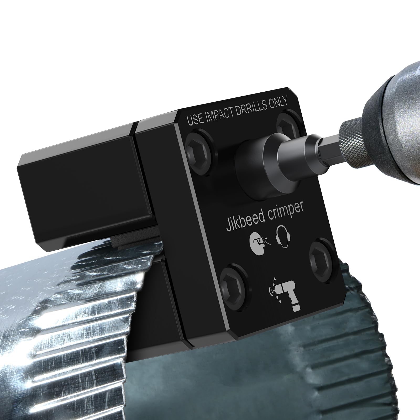Jikbeed C5A2 in use converts an impact drill into a powerful HVAC crimper for duct work