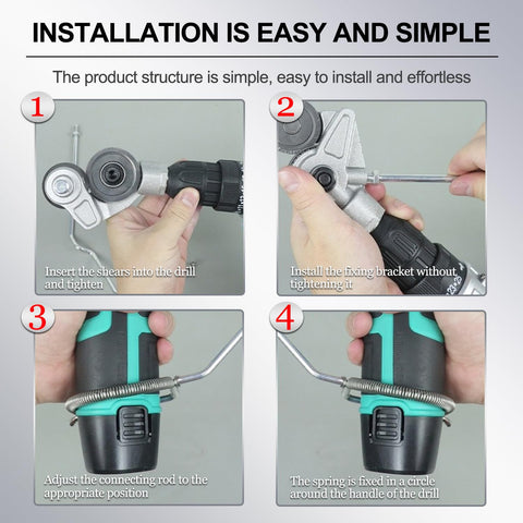 Jikbeed sheet metal cutter attached to drill enabling fast, accurate cuts.