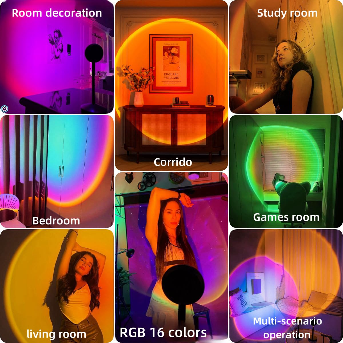 JIMEI Sunset Lamp adds holiday and party mood with multicolor effects.