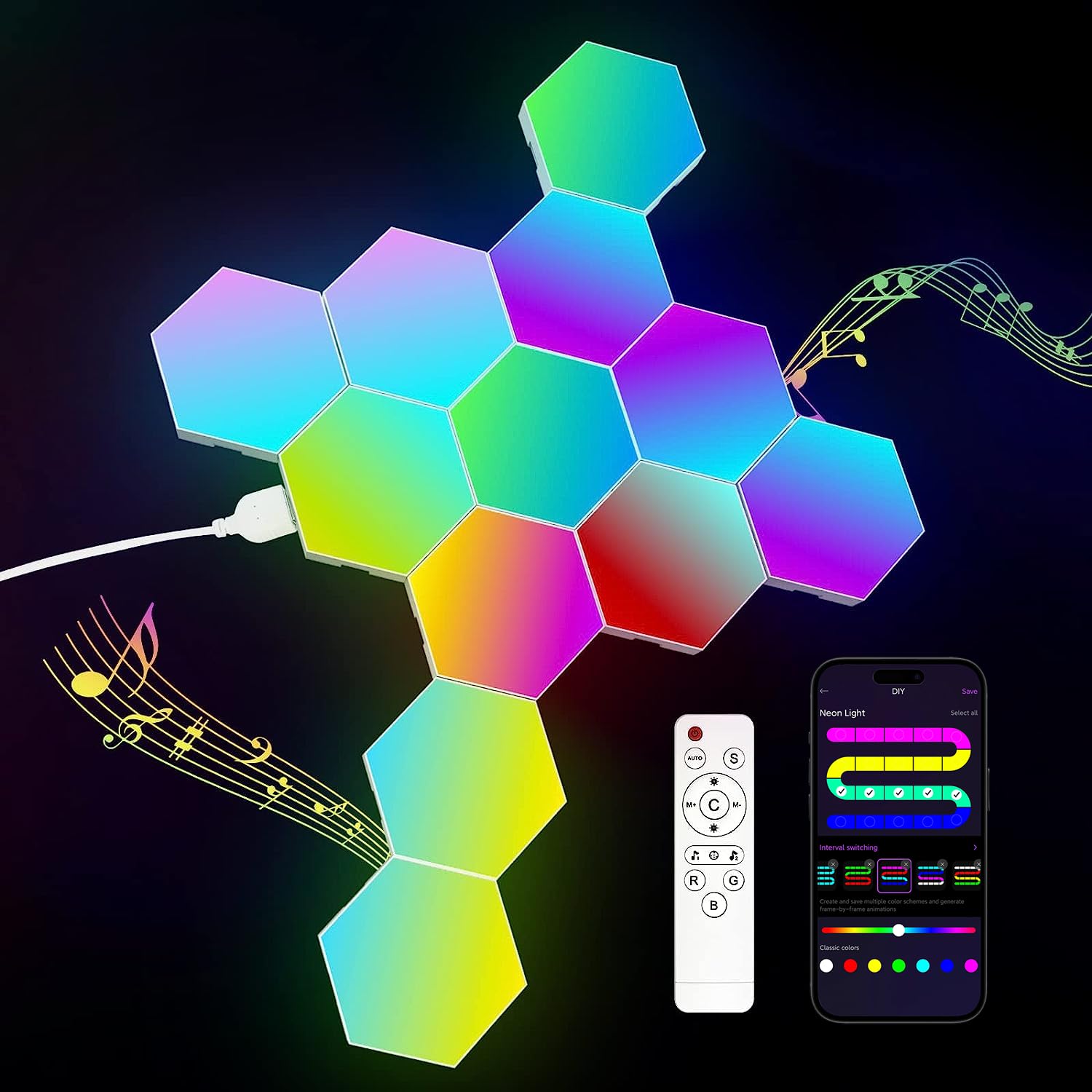 JIMIMORO hexagon panels set offers modular wall design with vivid RGB lighting