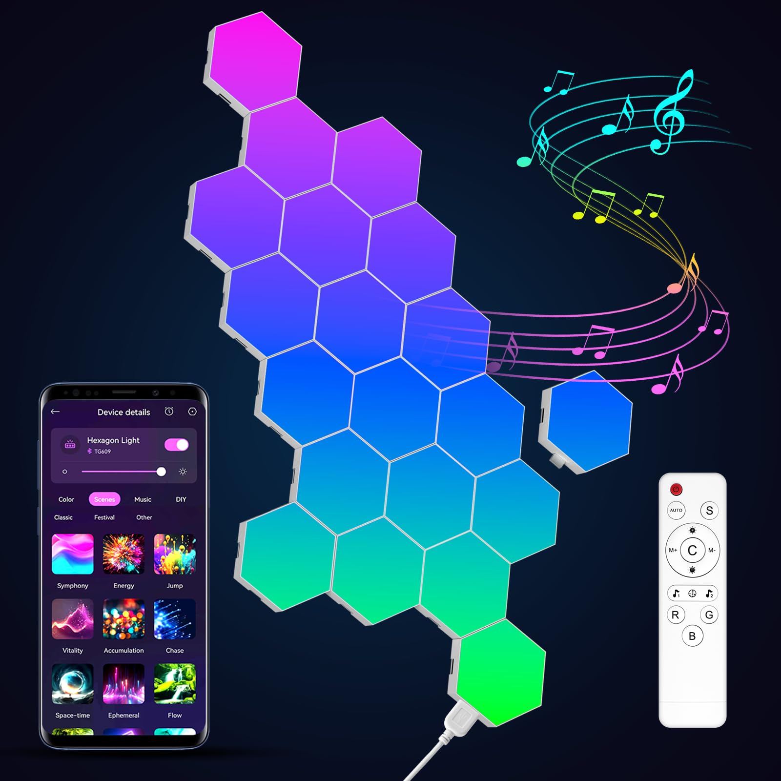 Jimimoro hexagon light panel front view with vibrant RGB colors for a dynamic gaming setup.