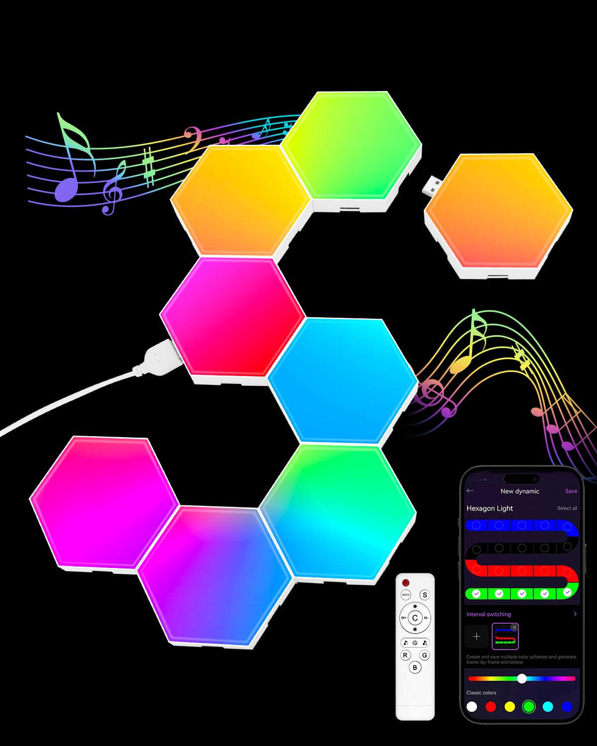 Jimimoro hexagon panels 8-pack showcasing vibrant RGB colors for ambient wall art.