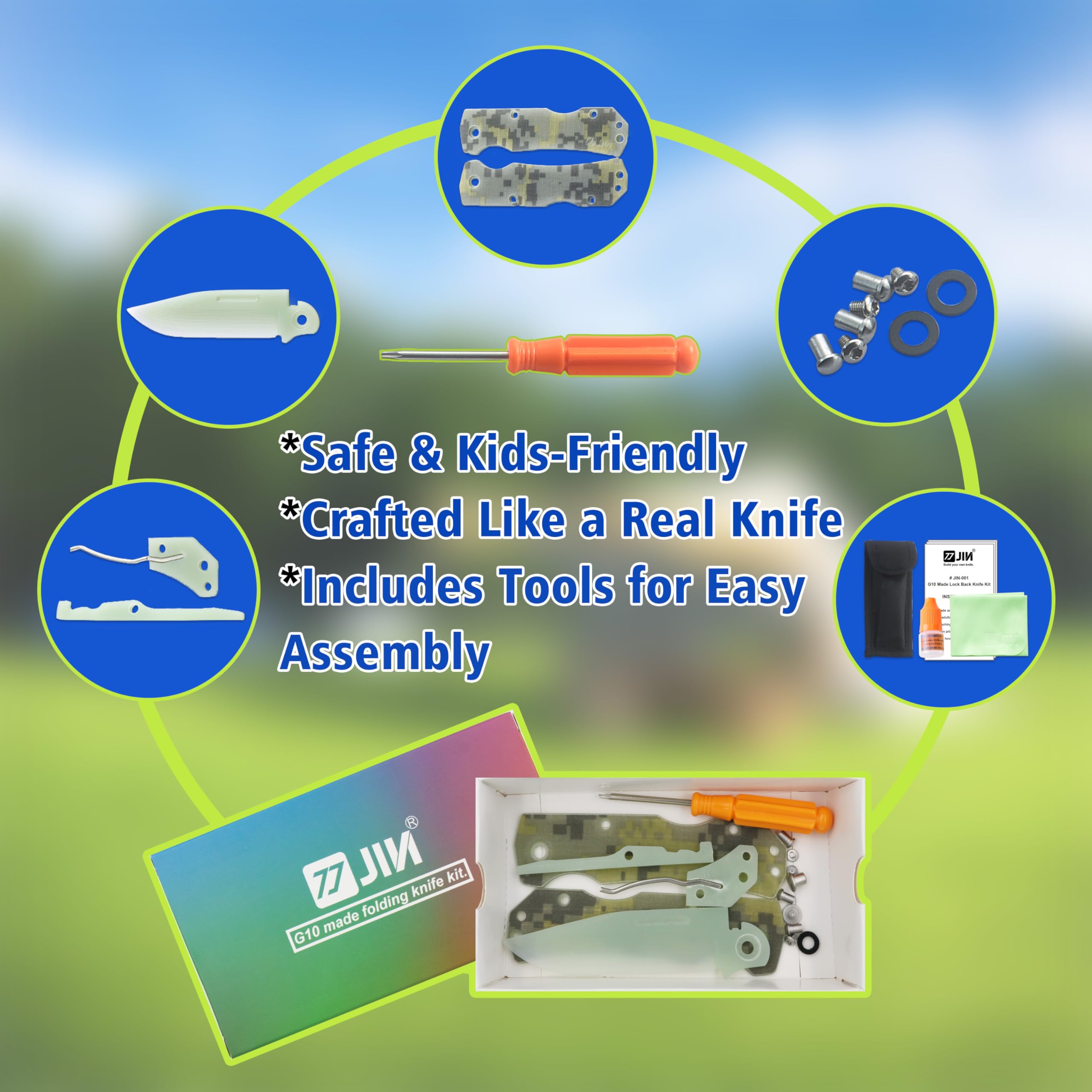 JIN Alpha G10 knife with camo handle designed for durable pretend play