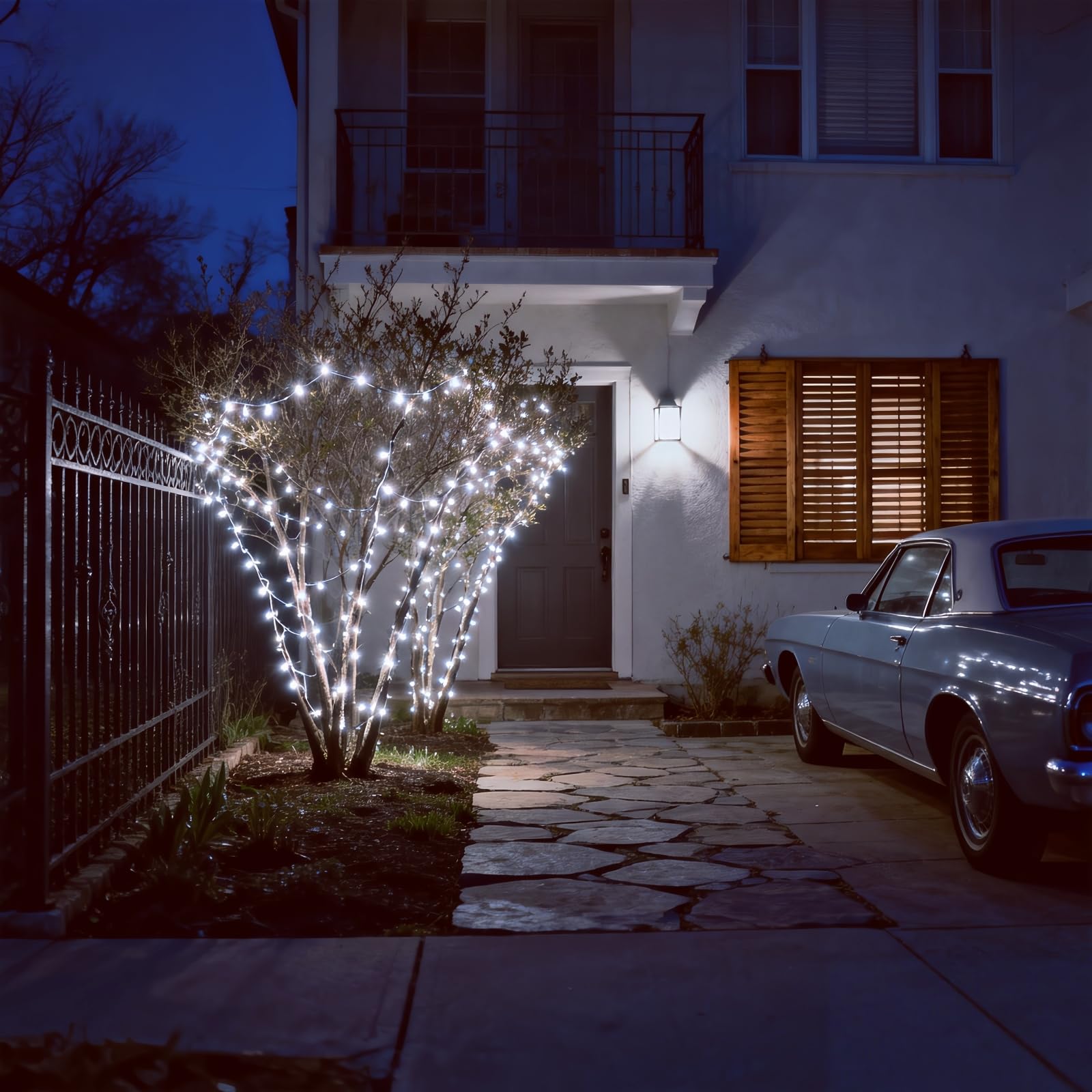 JinBest 100 LED White Christmas Lights on patio for energy-efficient ambience