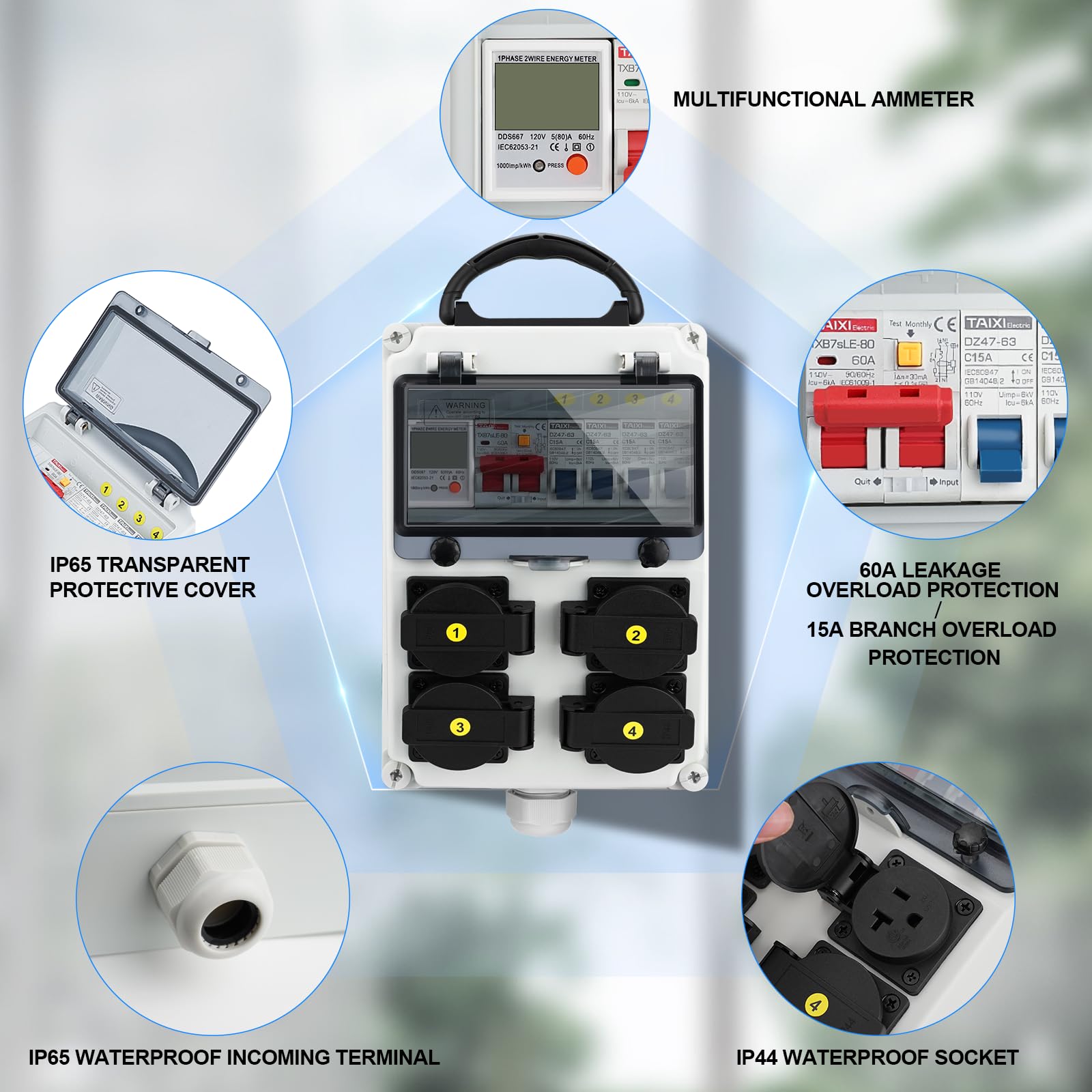 JINDOUZI NEMA 5-20 IP44 sockets close-up highlights safety-rated outlets.