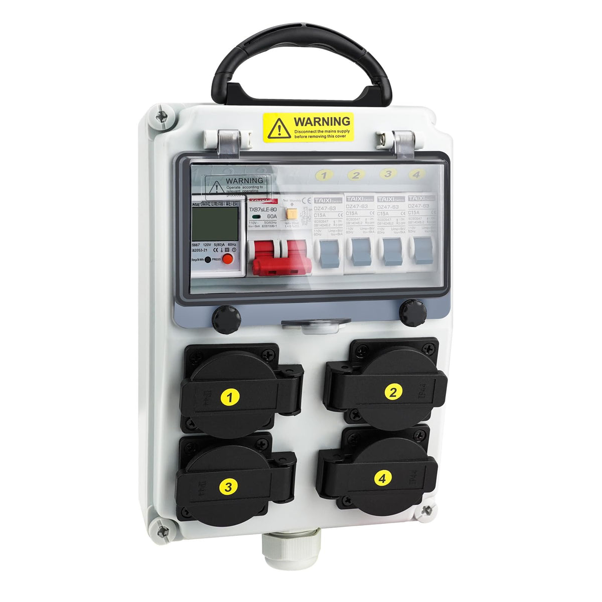 JINDOUZI power distribution box front view with 110V input and four NEMA sockets.