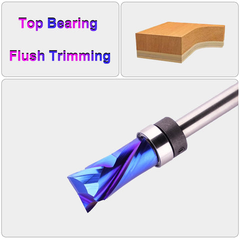 Jiiolioa compression flush trim router bit cutting through wood for clean, accurate edges.