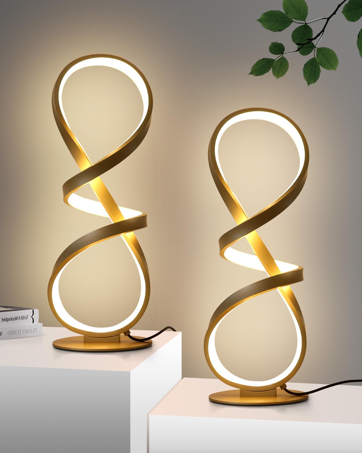 JIOODICH spiral infinity 8 shape lamp in gold enhances modern desks.