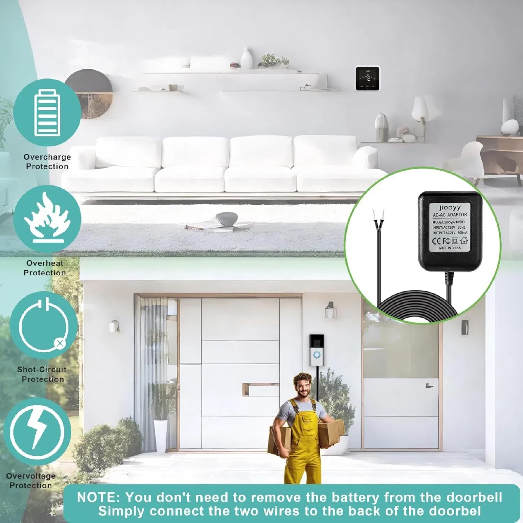 Doorbell wiring installation with adapters and terminals connected