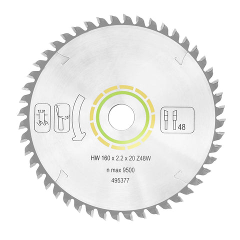 Jisculo 495377 blade shows compatibility with Festool track saws for precise sheet cutting.