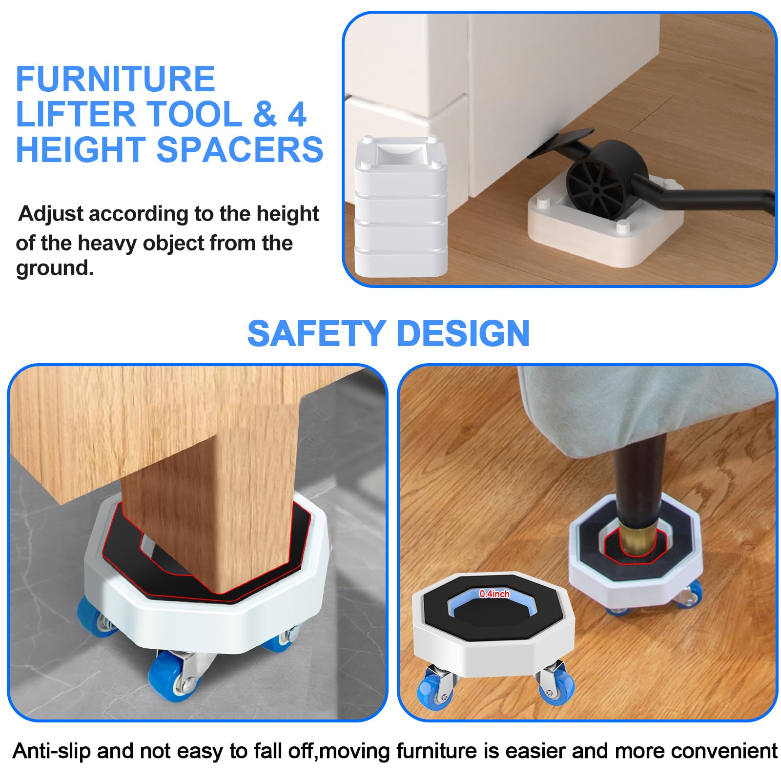 JIUOQUO Furniture Dolly four risers add stability and balance
