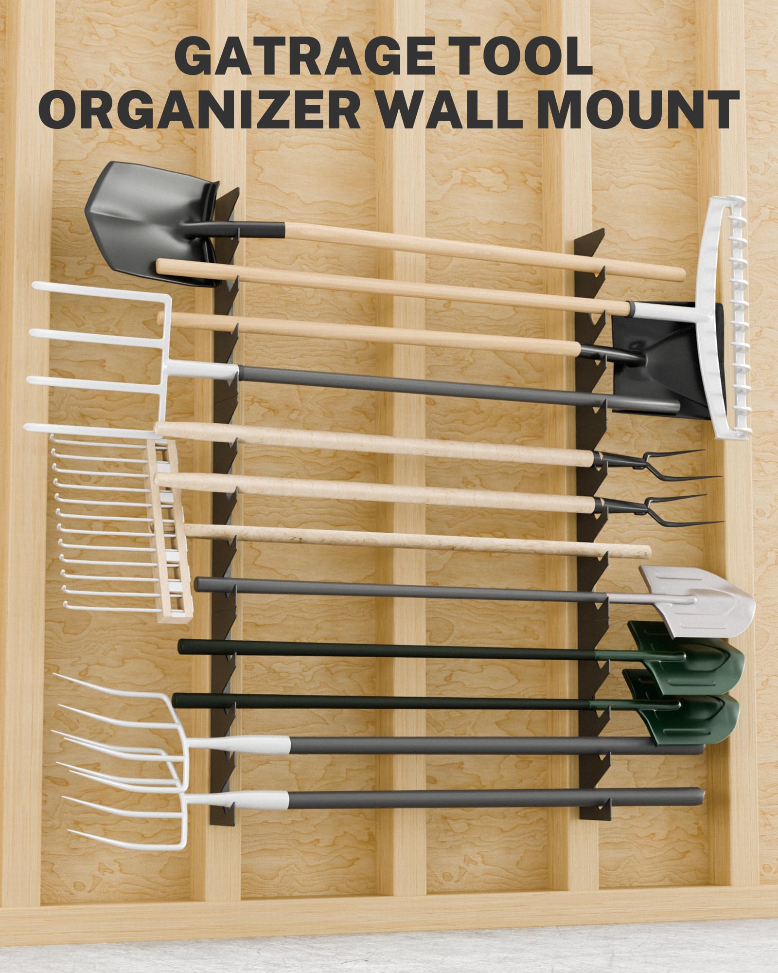 JivaJot wall mounted rack keeping yard tools organized.