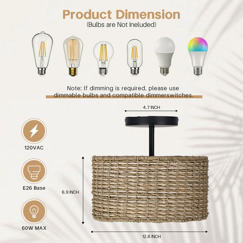 JIWUZHI three-light semi-flush rattan ceiling fixture for versatile illumination