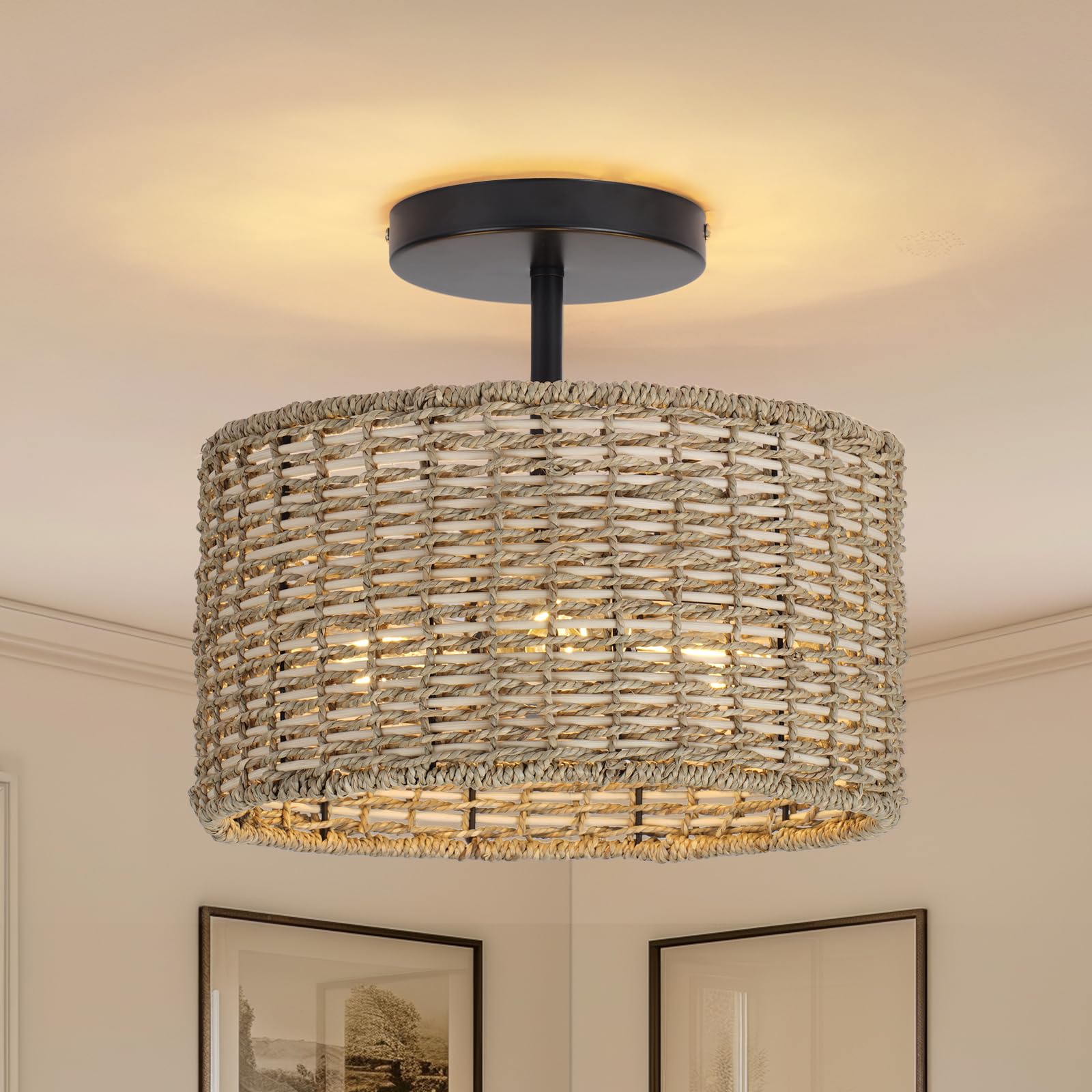JIWUZHI boho rattan ceiling light 12-6 inch for cozy ambient glow in any room