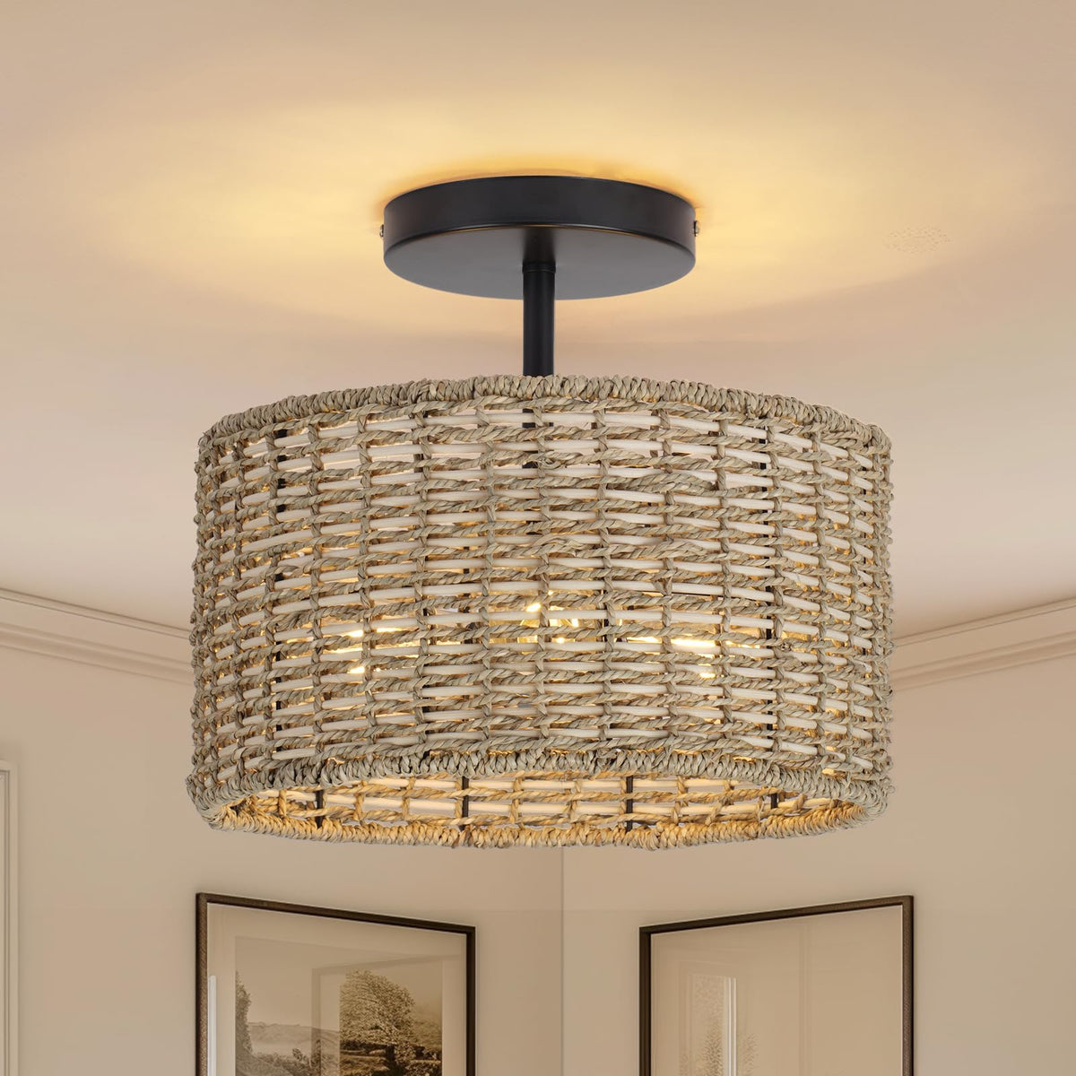 JIWUZHI boho rattan ceiling light 12-6 inch for cozy ambient glow in any room